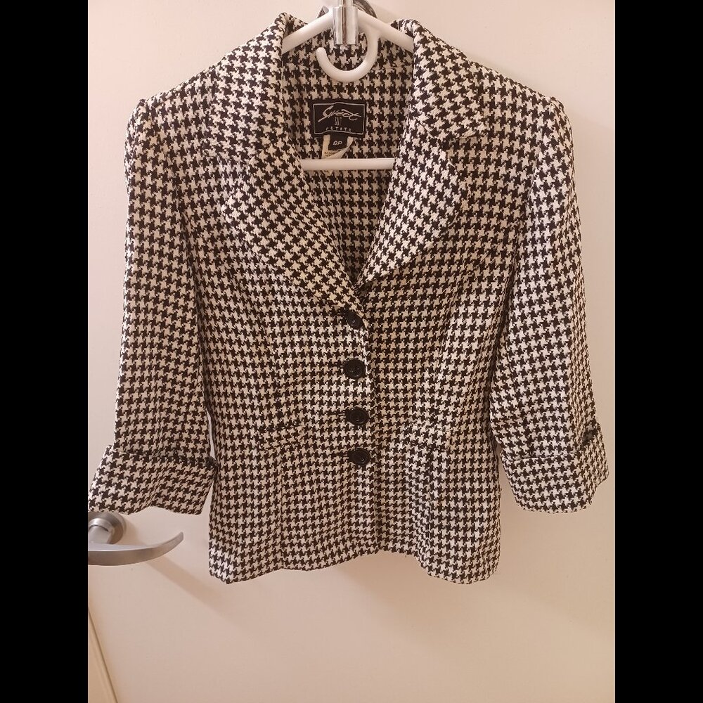 Black & White Patterned Sweet Suit Quarter Sleeve Houndstooth Blazer